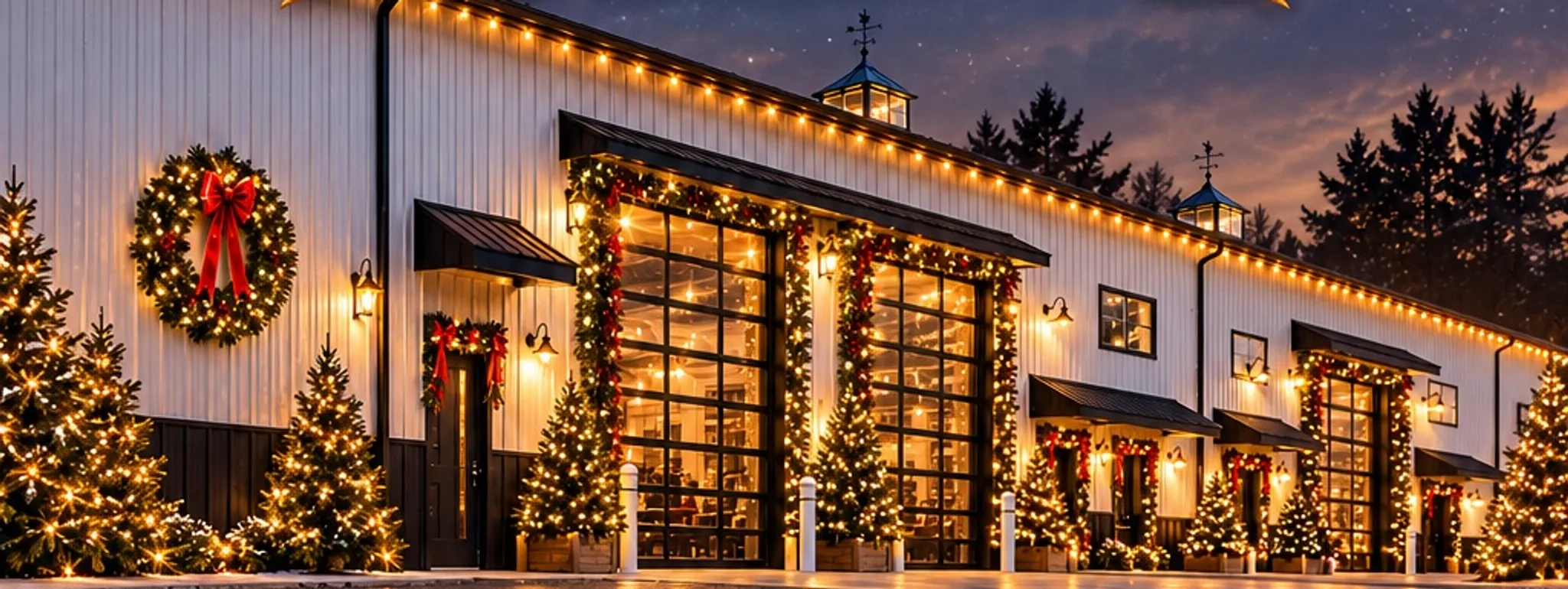 Baldwins Creek Farm - Hopewell Township, NJ Baldwins Creek Farm - Hopewell Township, NJ: farm barn glowing with Christmas lights and lit evergreen trees at night