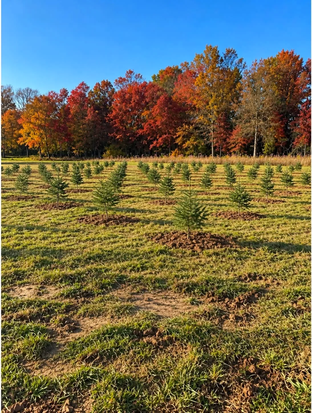 Baldwins Creek Farm - Hopewell Township, NJ Baldwins Creek Farm - Hopewell Township, NJ: a field of young Norway spruce saplings planted in rows in front of red and orange fall trees